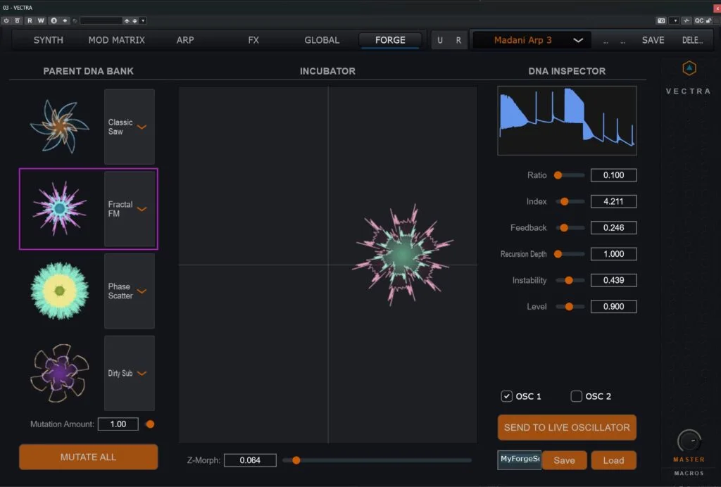 VECTRA Forge interface with Parent DNA Bank, Incubator, DNA Inspector and send-to-live-oscillator controls.