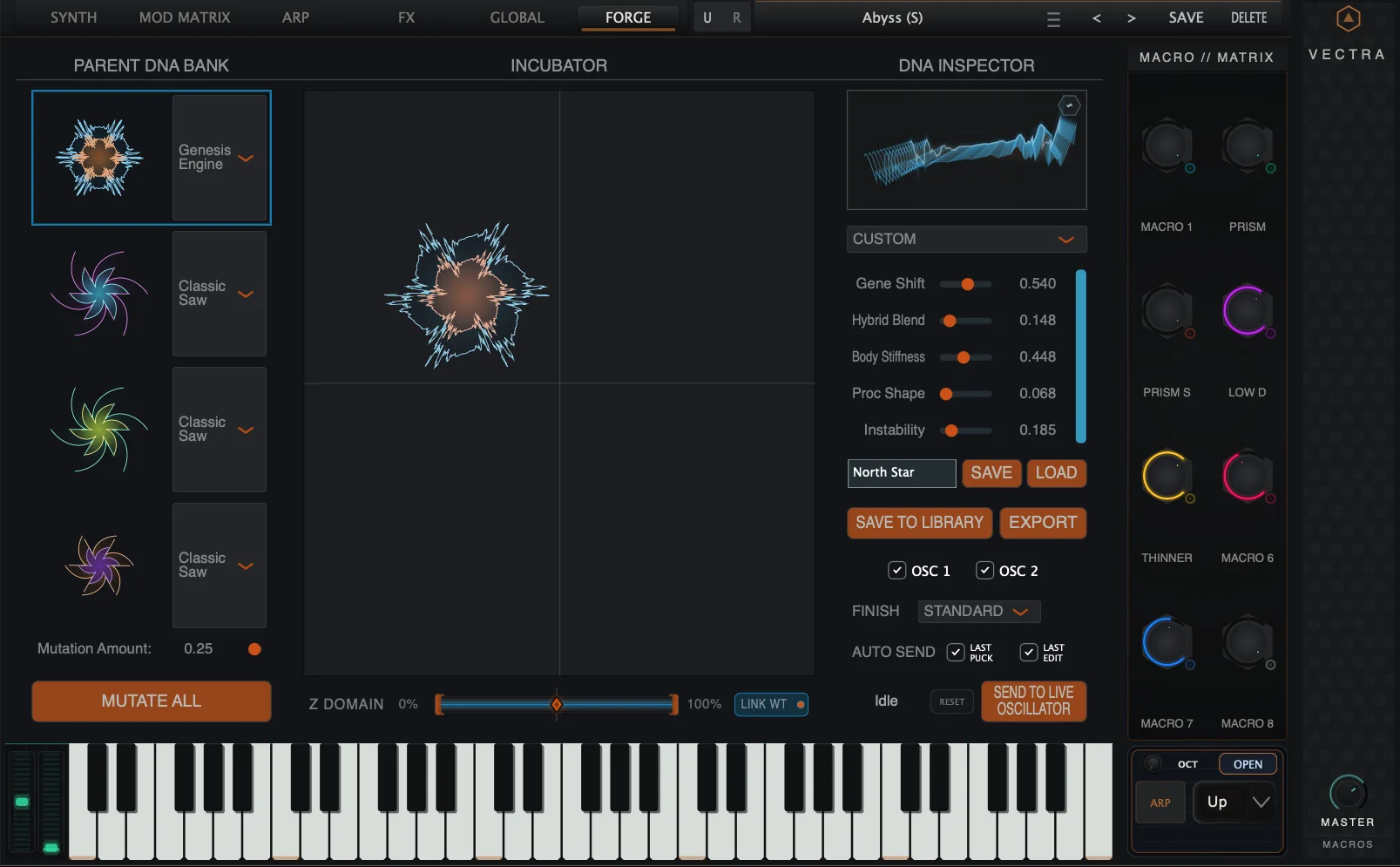 Current VECTRA Forge North Star interface showing Genesis Engine as a parent source, the Incubator, DNA Inspector and playable live instrument state.
