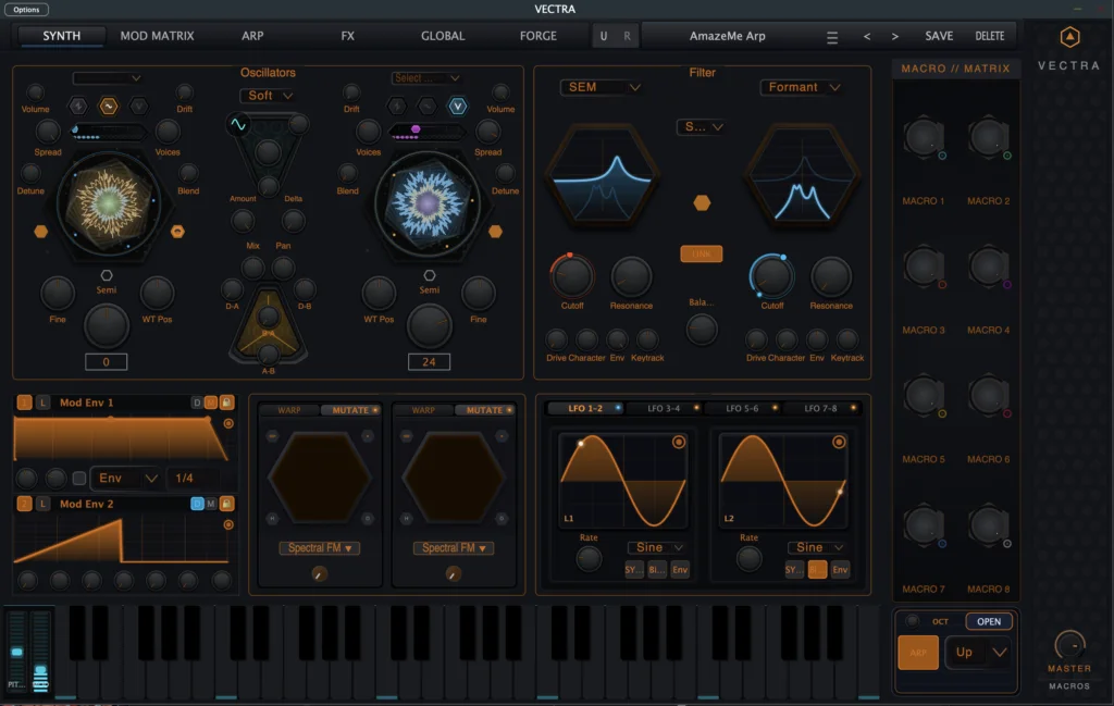 Current VECTRA interface showing hybrid oscillators, modulation envelopes, filters, macros and performance controls.